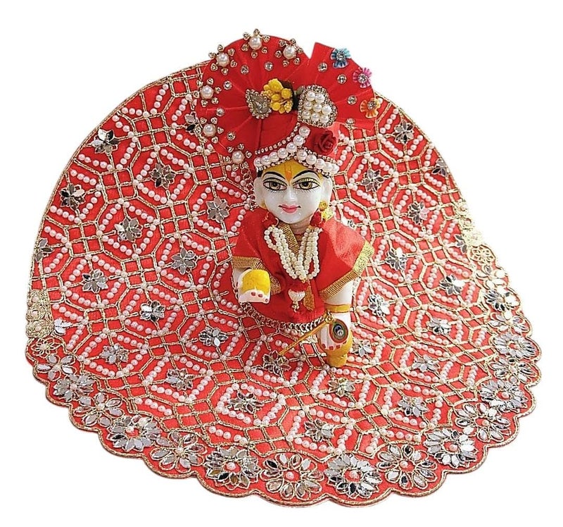 Partish Laddu Gopal Heavy Dresses Size 2 with Pagdi, Mala and Bansuri l Ladoo Gopal Dress l Kanha Ji Dress |Thakur Ji Bal Gopal Poshak Size 0 1 2 4 5 6 (Red & Yellow) - Image 3