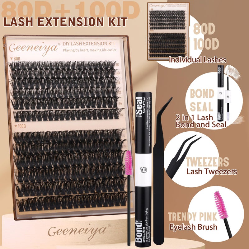 Geeneiya Volume Lash Clusters Kit DIY Lash Extension Kit D Curl Eyelash Extensions with White Lash Bond and Seal Waterproof Tweezers, 10-18MM Cluster Lashes with White Lash Glue - Image 2