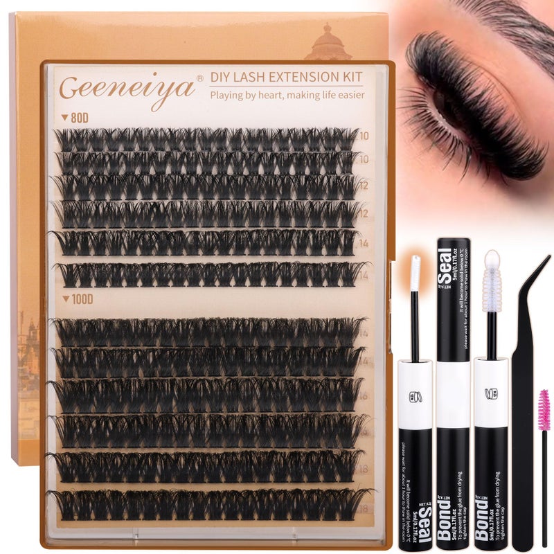 Geeneiya Volume Lash Clusters Kit DIY Lash Extension Kit D Curl Eyelash Extensions with White Lash Bond and Seal Waterproof Tweezers, 10-18MM Cluster Lashes with White Lash Glue - Image 1