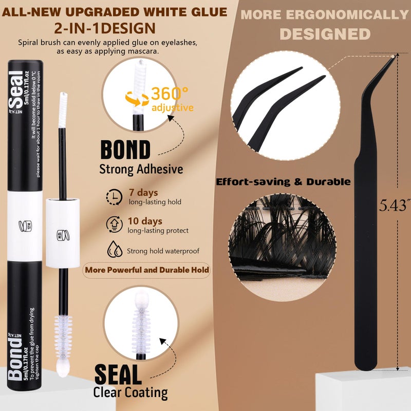 Geeneiya Volume Lash Clusters Kit DIY Lash Extension Kit D Curl Eyelash Extensions with White Lash Bond and Seal Waterproof Tweezers, 10-18MM Cluster Lashes with White Lash Glue - Image 5
