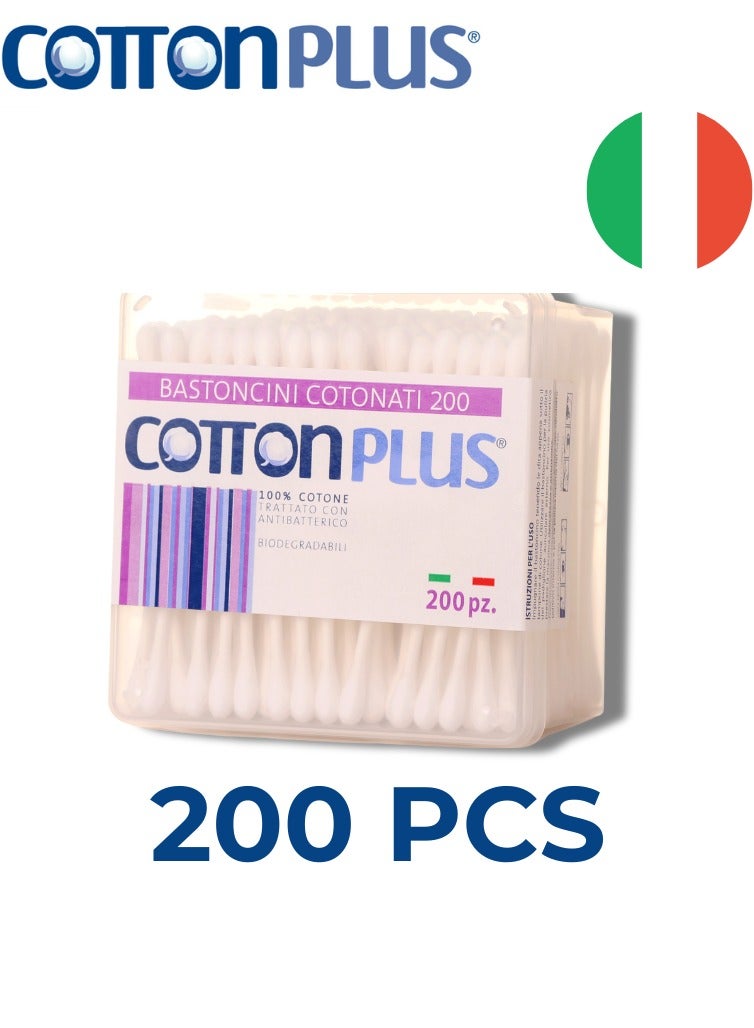 أعواد قطنية من Cotton Plus – 200 عود – قطن ناعم 100% – صناعة إيطالية