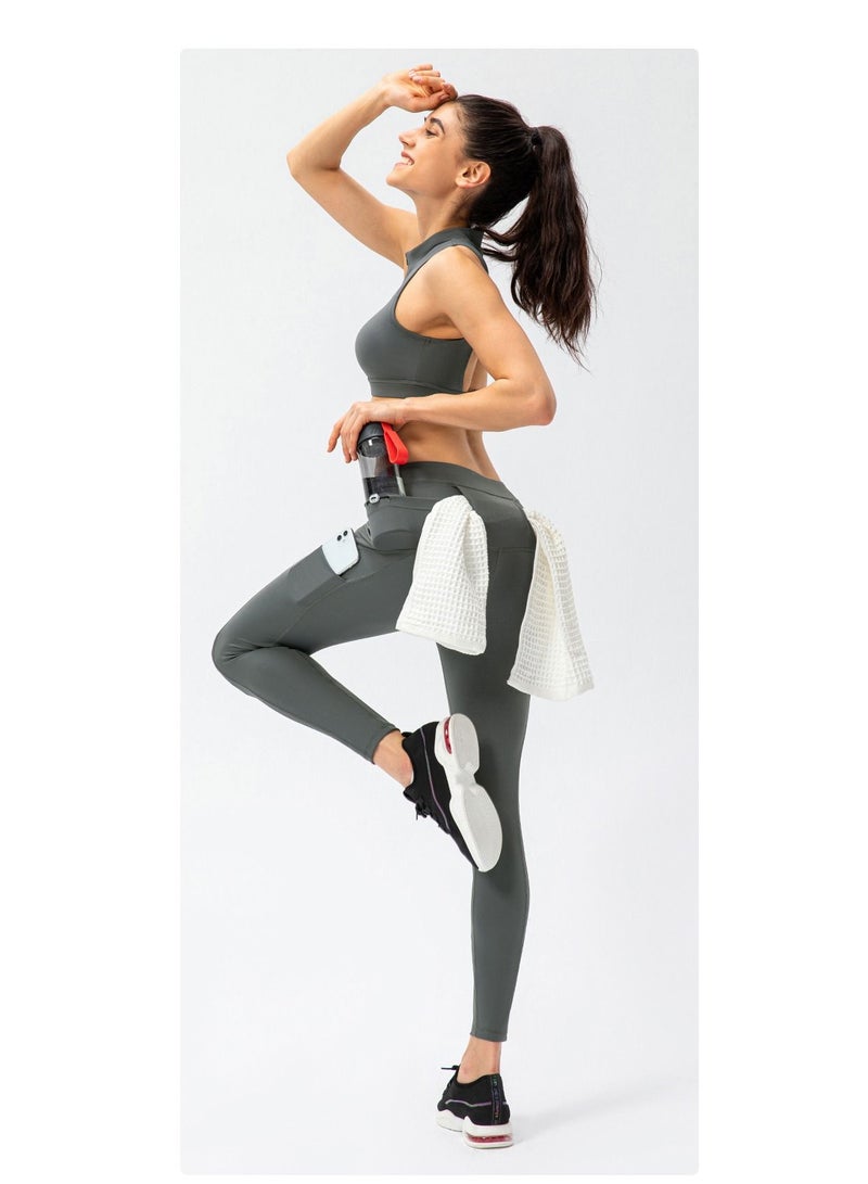 Loquat High rise and turndown collar vest fitness running tights yoga sport two suits.  - Image 2