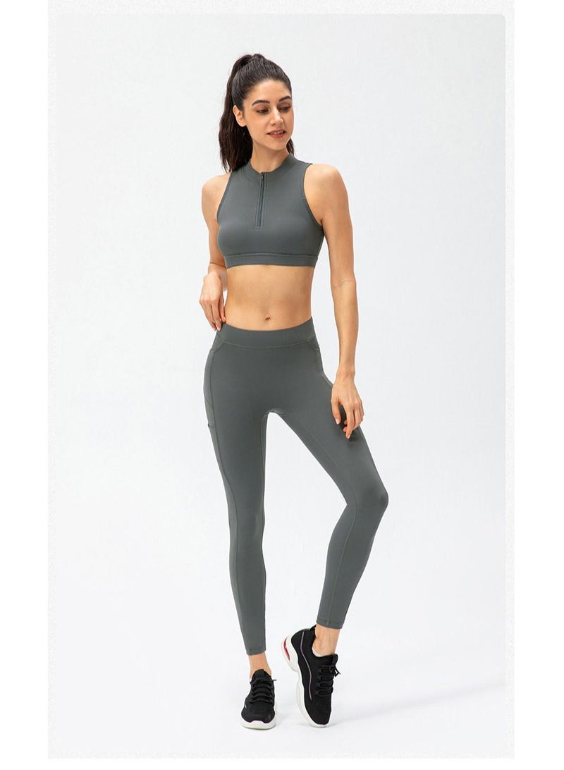 Loquat High rise and turndown collar vest fitness running tights yoga sport two suits.  - Image 1