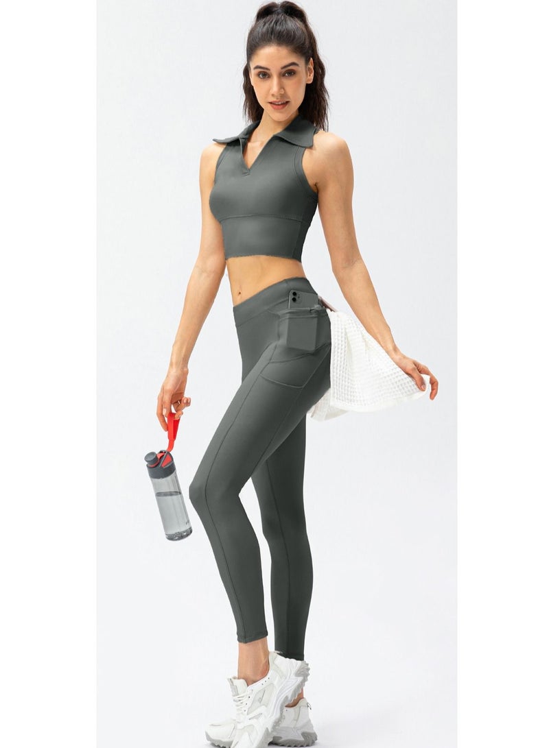 Loquat High rise and turndown collar vest fitness running tights yoga sport two suits.  - Image 3