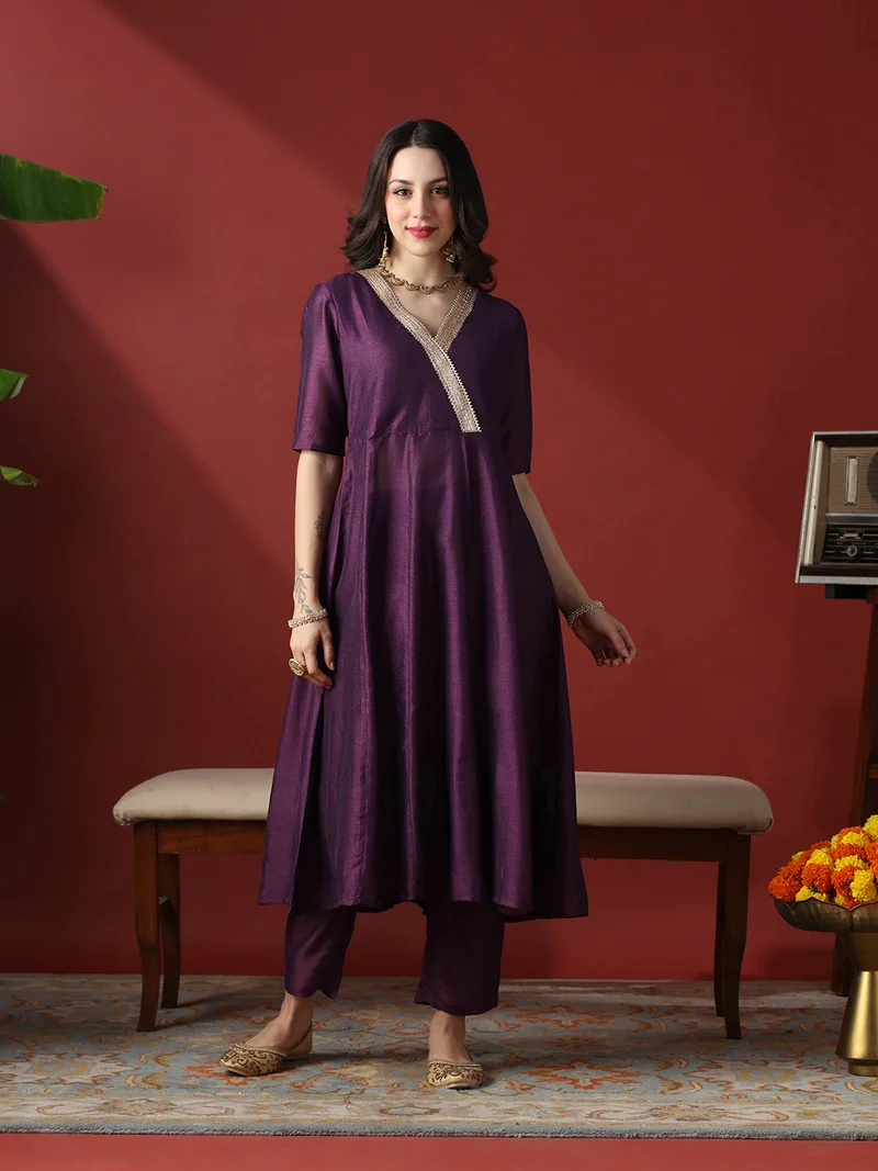Globus Women Purple Lace Detail V-Neck Panelled Anarkali Kurta With Straight Pants Festive Set