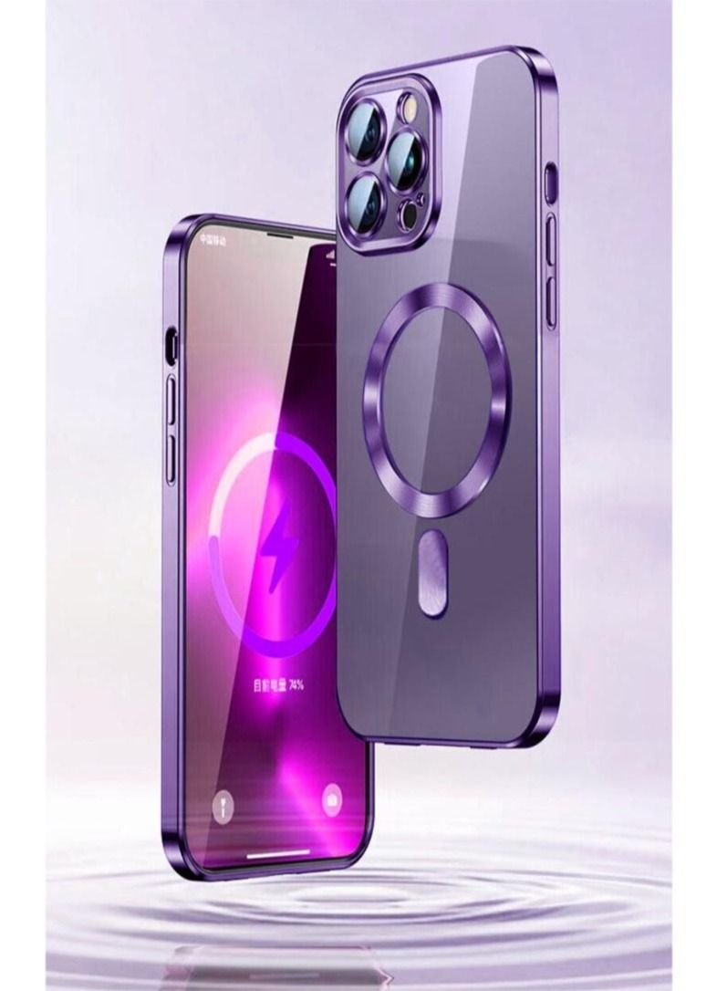 iPhone 14 Pro Max Magnetic Case Support MagSafe Charger Wireless Anti-Scratch Shockproof Clear Four Corner Cushion Screen Protector Anti-Dropping Full Body Protection Cover Purple  - Image 2