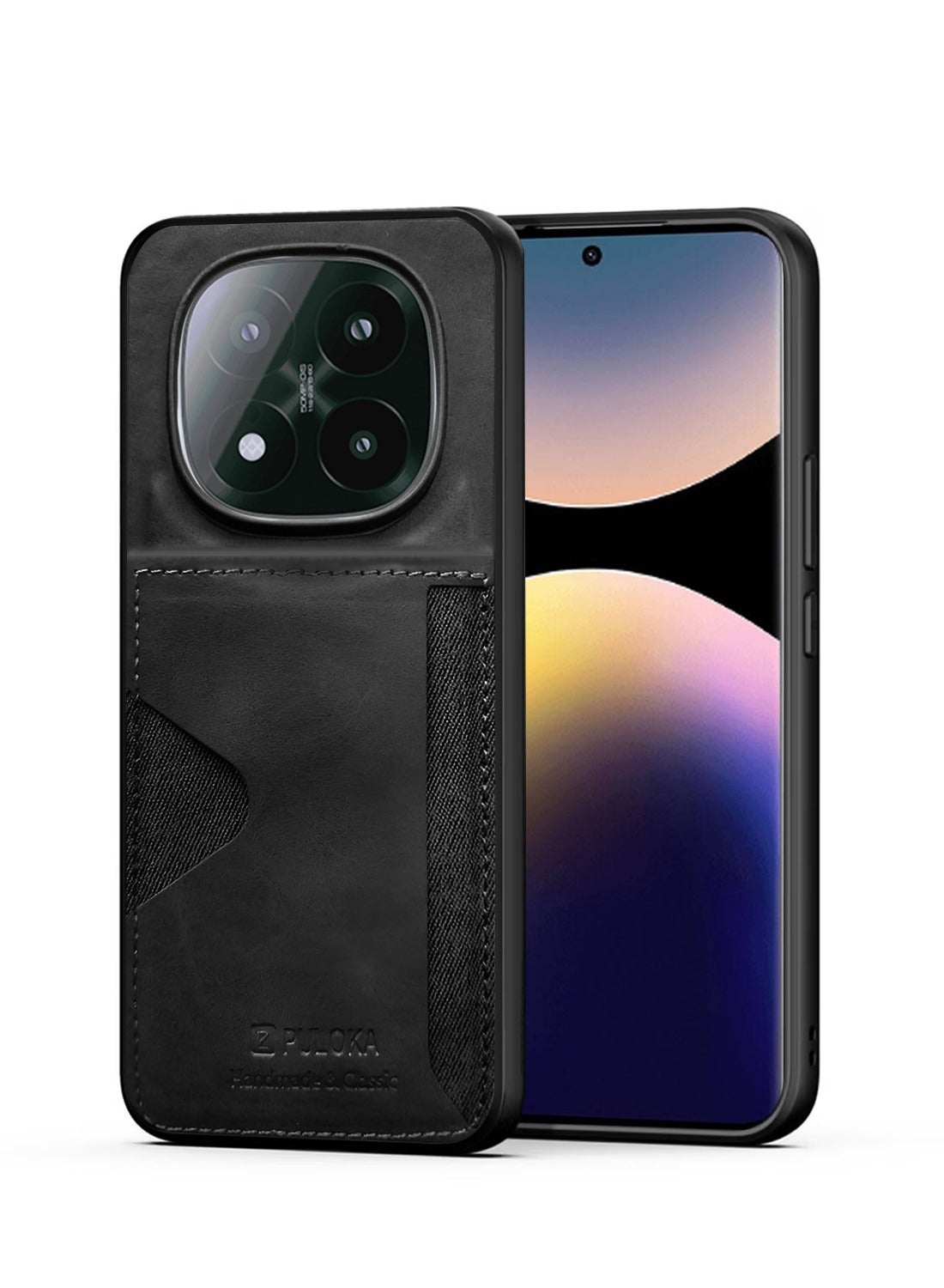 PULOKA Xiaomi Redmi Note 14 Pro+ 5G 2025 PULOKA Card Holder Skin-feel PU Leather Back Silicone Sides Case Cover - Black