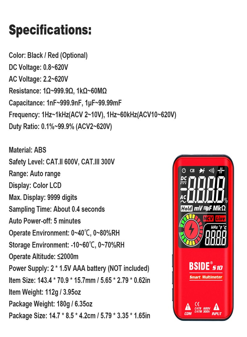 بي سايد BSIDE S10 جهاز متعدد القياسات ذكي مزود بشاشة LCD رقمية وفولتية تيار متردد/مستمر ومقياس أوم واختبار المقاومة والسعة والتردد والديود والاستمرارية وخط مباشر مع ضوء فلاش وبيانات التثبيت - Image 3