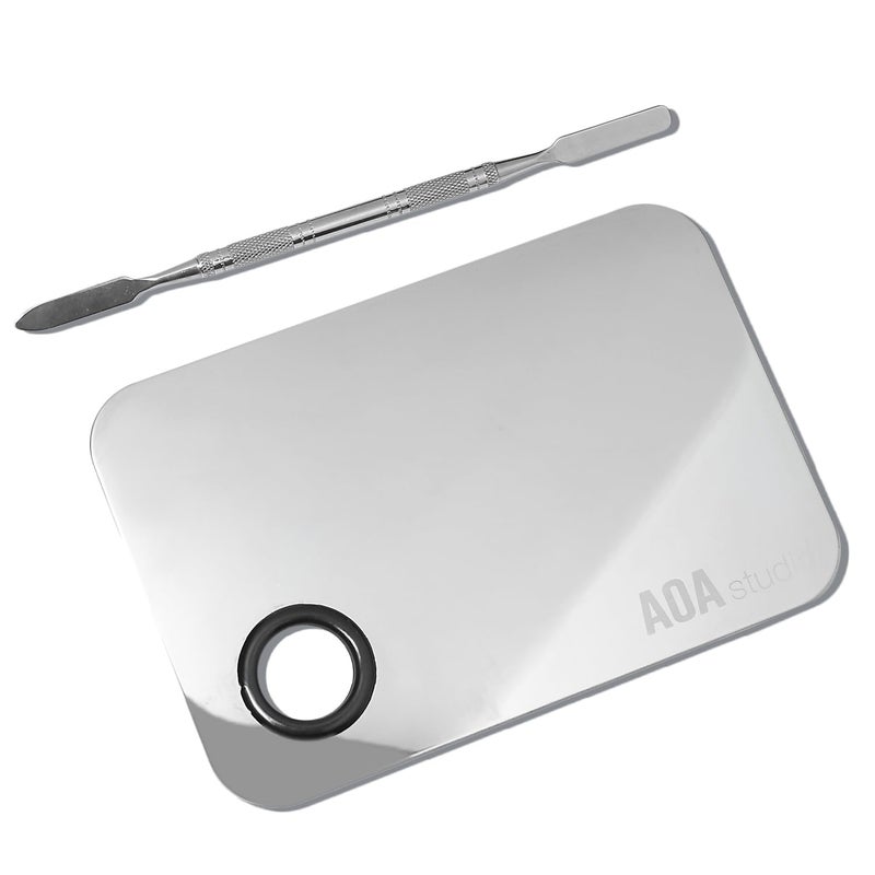 AOA Studio Stainless Steel Makeup Mixing Palette for Beauty Costmetic with Spatula Eye Lip Face Makeup 6 x 4 inch Silver - Image 1