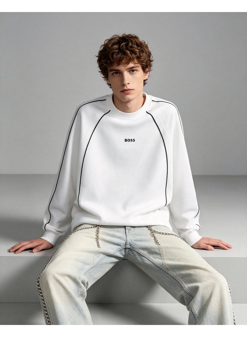 BOSS Men Raglan Long Sleeve Sweatshirt Contrast Line Crew Neck Casual Daily Loose Pullover White - Image 1