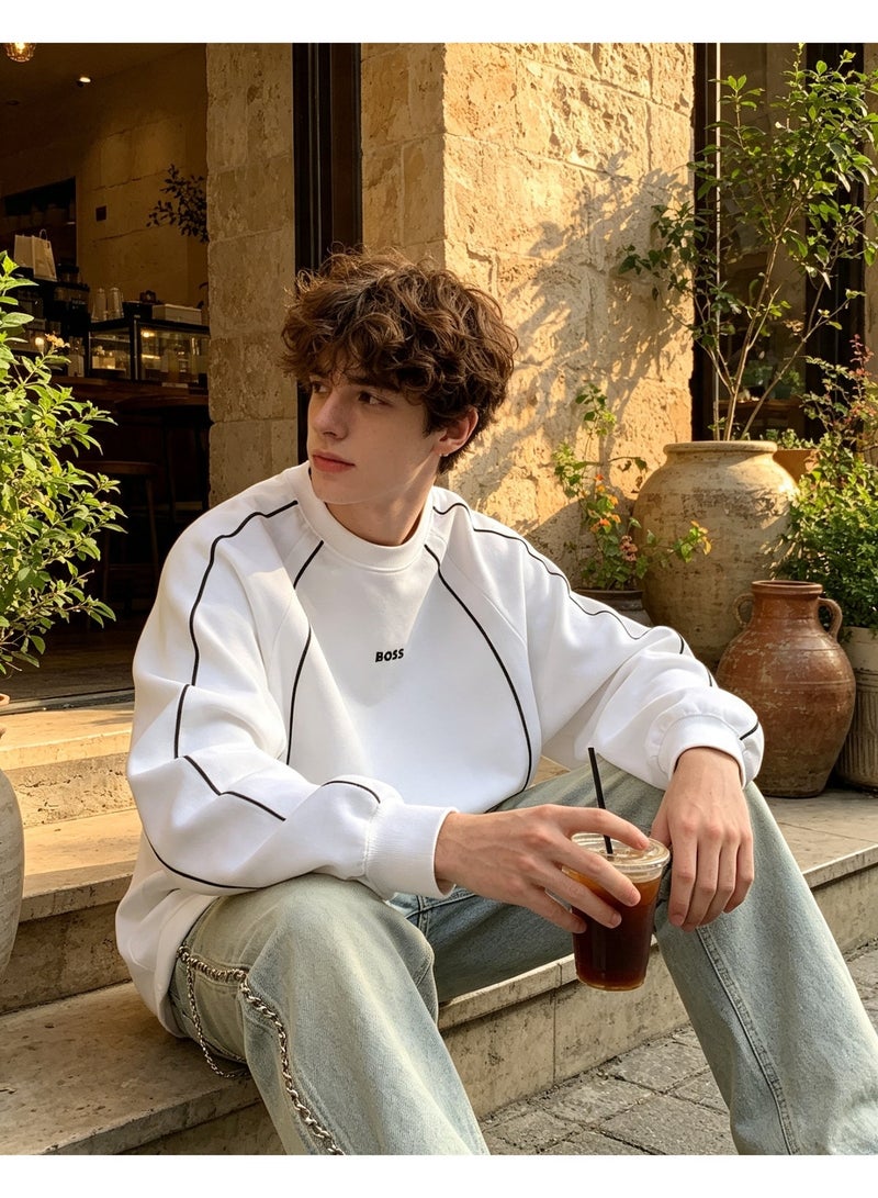 BOSS Men Raglan Long Sleeve Sweatshirt Contrast Line Crew Neck Casual Daily Loose Pullover White - Image 3