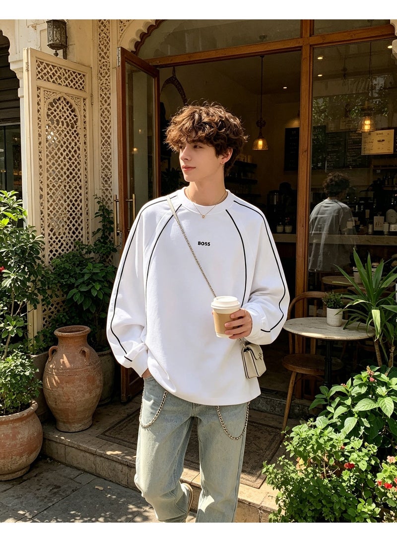 BOSS Men Raglan Long Sleeve Sweatshirt Contrast Line Crew Neck Casual Daily Loose Pullover White - Image 4