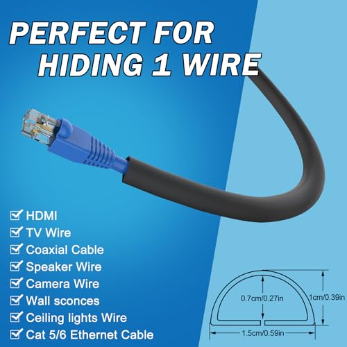 UOMTFAI Wall Cord Hider 78 Inch - Self-Adhesive Wire Cover Raceway for Walls, Flexible PVC Cable Concealer for Home and Office, W0.59 H0.39in - Black - Image 3