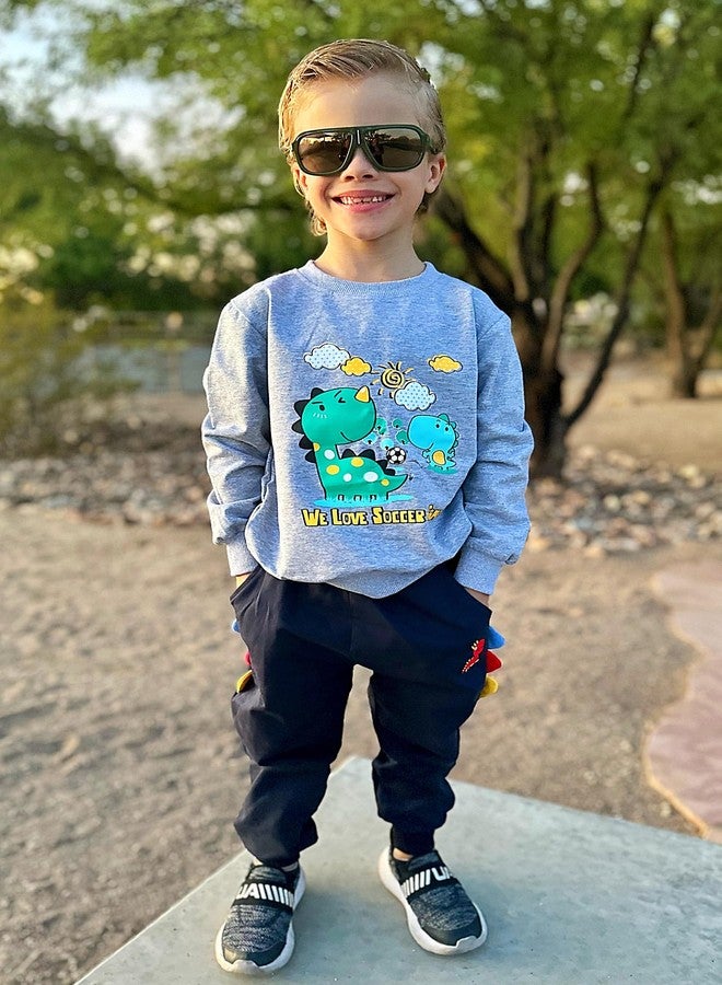 Volunboy Toddler Fall Sweatsuit Clothes Boys Long Sleeve Pullover Dino Sweatshirt Pants Set 2 Pieces Winter Jogging Outfits (Gray Mother&Son Dinosaur, 5-6 Years) - Image 2