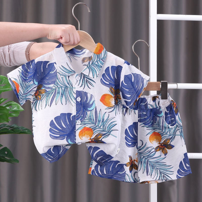 Generic Boys Short-sleeved Floral Shirt Childrens Summer Beach Shirt and Shorts Two-piece 2024 New Fashionable Baby Clothes 8-White 