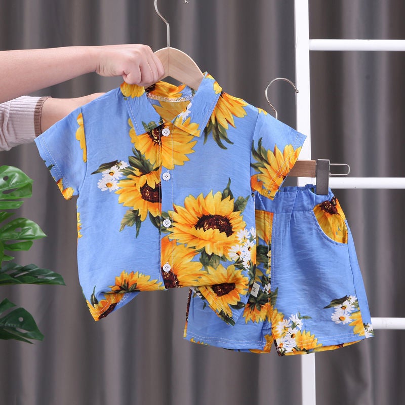 Boys Short-sleeved Floral Shirt Childrens Summer Beach Shirt and Shorts Two-piece 2024 New Fashionable Baby Clothes 8-White - Image 4