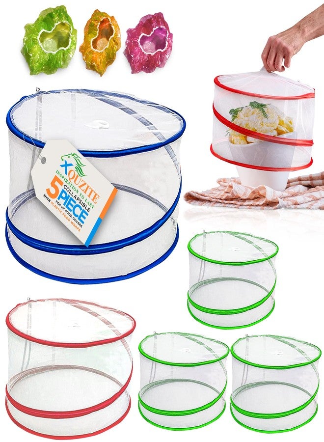 XQUZITE Pop Up Mesh Food Covers - Collapsible Pop Up Food Cover Set for Camping, Picnic and Outdoors - Complete with Plastic Food Cover Wraps - Image 1