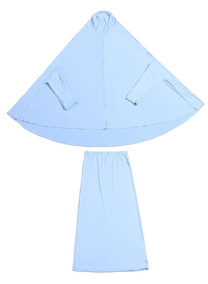 Loquat Girl's Traditional 2-Piece Set Solid Color Abaya Robe And Skirt Suit Light Blue 