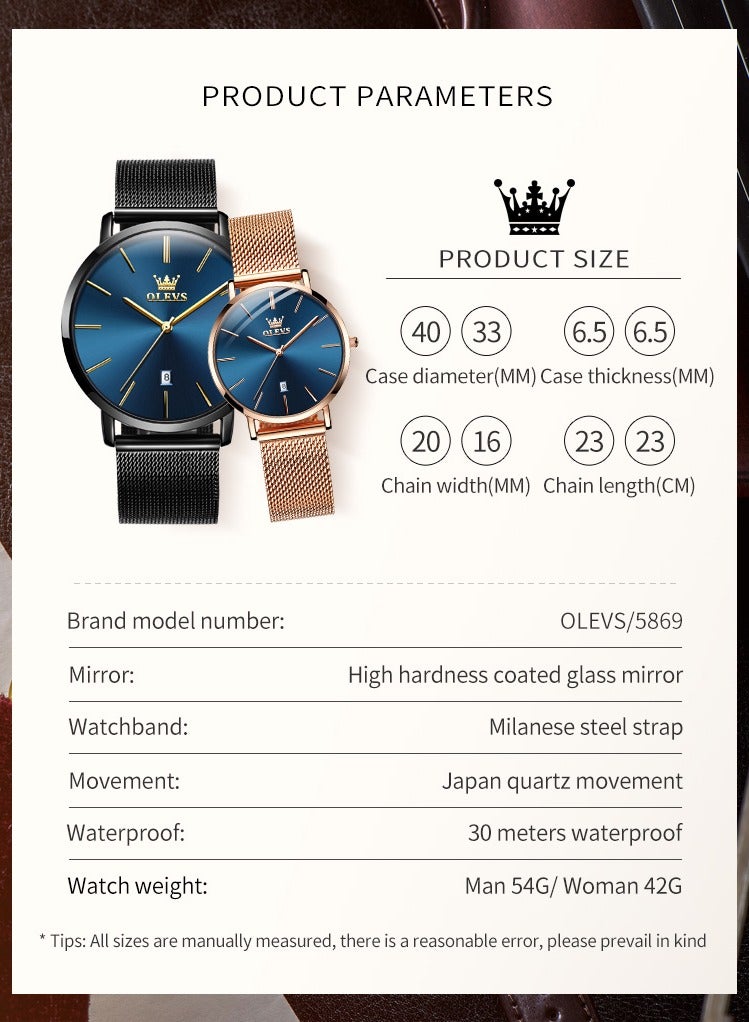 OLEVS OLEVS Couples Watches Men and Women Watches Ultra Thin Quartz AnalogWrist Watches Casual Stainless Steel His and Hers - Image 4