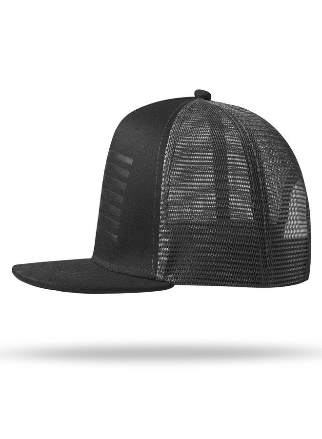 UALON Baseball Cap, Snapback Trucker Hat for Men & Women with American Flag and Adjustable, Breathable Mesh, Flat Bill Hats, Black/Dark Gray, One size - Image 4