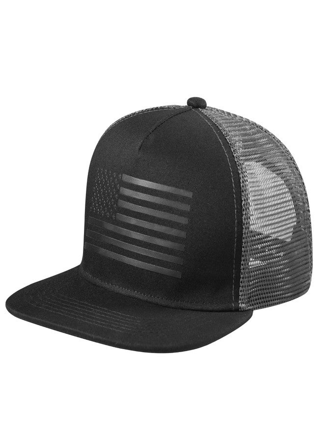 UALON Baseball Cap, Snapback Trucker Hat for Men & Women with American Flag and Adjustable, Breathable Mesh, Flat Bill Hats, Black/Dark Gray, One size - Image 1