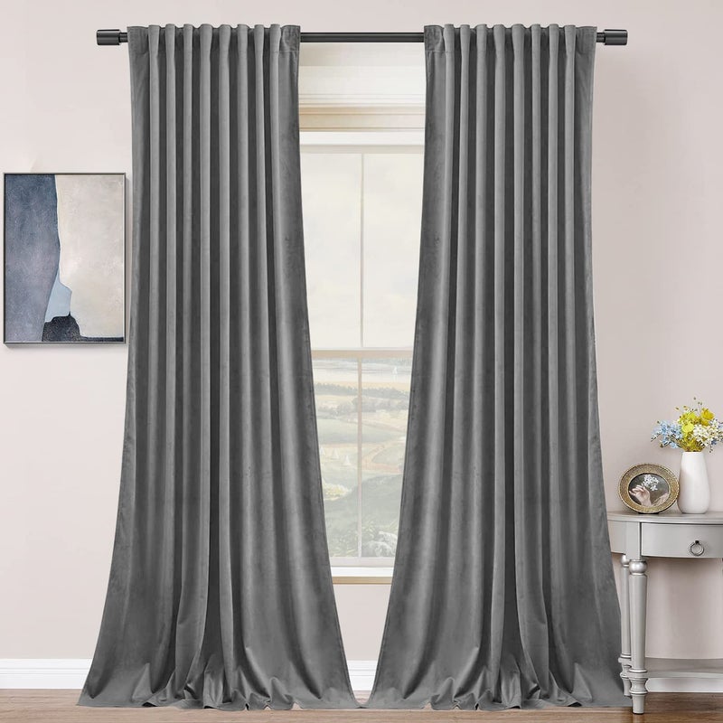 SNITIE Grey 96 in Long Velvet Curtains with Back Tab and Rod Pocket Thermal Insulated Soft Privacy Light Filtering Velvet Drapes for Bedroom and Living Room Set of 2 Panels 52 x 96 Inches Long