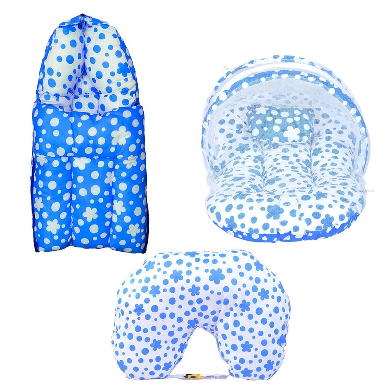 Kids Charm Clover 3 PCS Combo Set 3 in 1 Babys Cotton Bed Cum Carry Bed6 in 1 Babys Cotton Feeding Pillow2 in 1 Babys Cotton Bed with Mosquito Net for 48 Months Blue