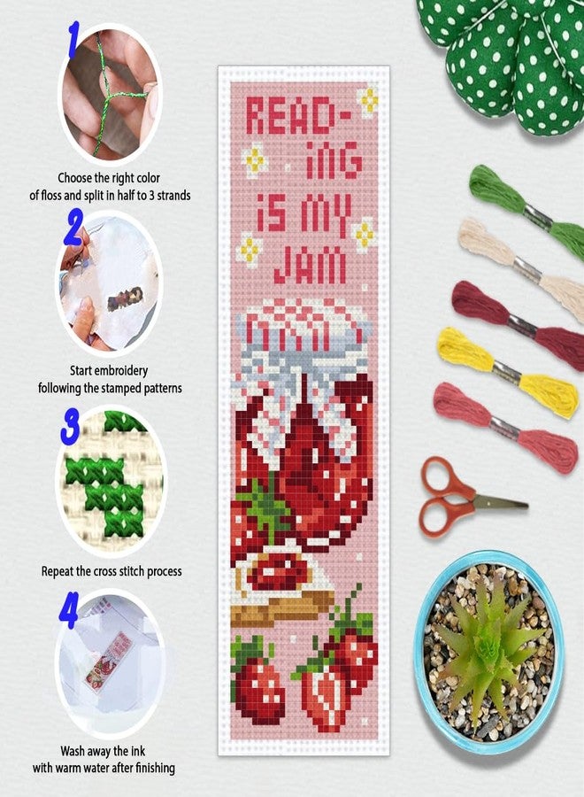 BEUNITONE 6PCS Cross Stitch Bookmarks Kit for Adults Beginners,Strawberry Book Mark DIY Stamped Embroidery Bookmark Kits with Backing Felt Floss,8.5''x3'' Page Markers for Students Teachers Reading - Image 4