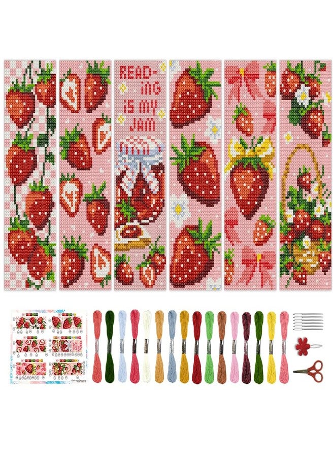 BEUNITONE 6PCS Cross Stitch Bookmarks Kit for Adults Beginners,Strawberry Book Mark DIY Stamped Embroidery Bookmark Kits with Backing Felt Floss,8.5''x3'' Page Markers for Students Teachers Reading - Image 1