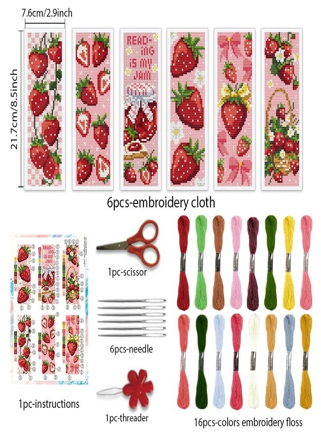 BEUNITONE 6PCS Cross Stitch Bookmarks Kit for Adults Beginners,Strawberry Book Mark DIY Stamped Embroidery Bookmark Kits with Backing Felt Floss,8.5''x3'' Page Markers for Students Teachers Reading - Image 2
