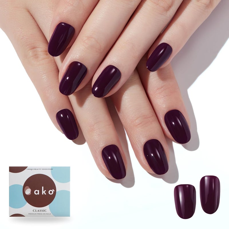 AKO Short Press-on Nails, Mulberry Purple, 30 Reusable False Nails, Salon Quality Acrylic Set with Adhesive Tabs, Prep Pad and 30 Stick-on Nails