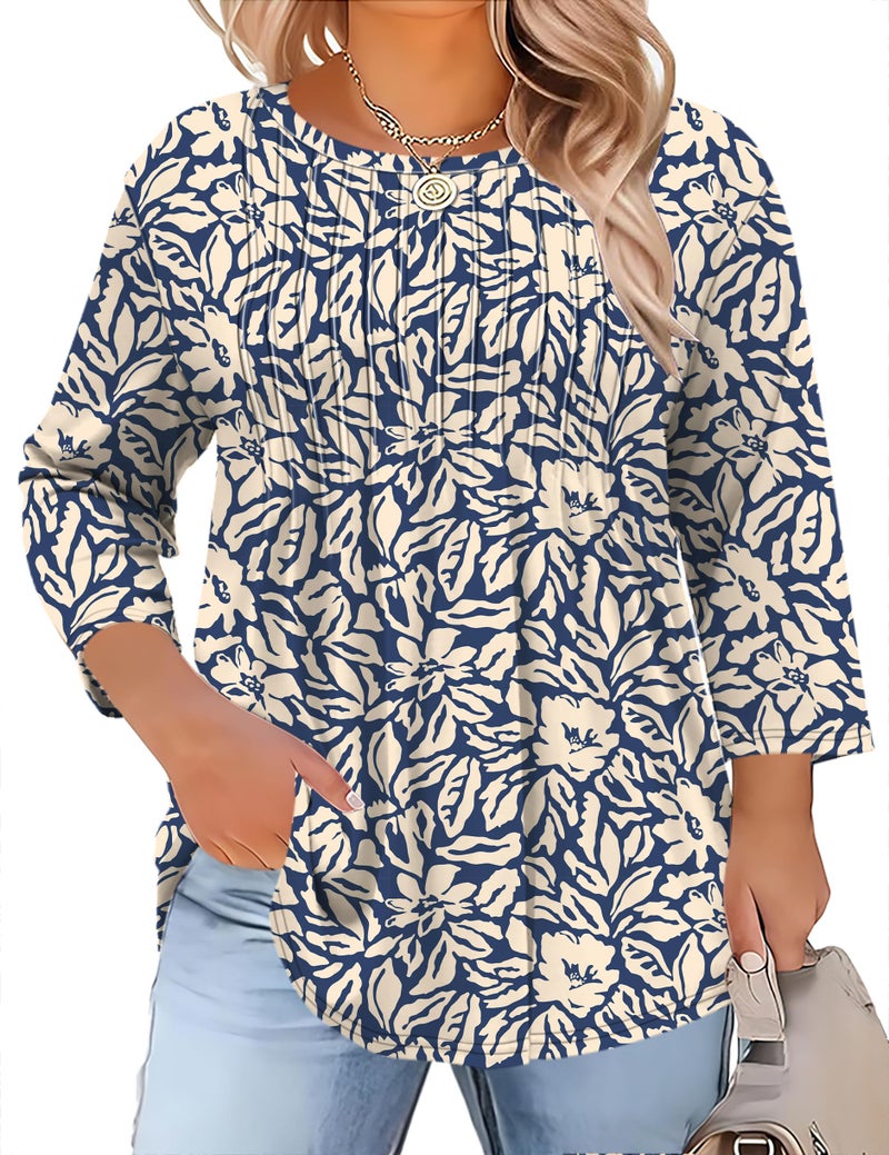TFSDOD Plus Size Blouse 3/4 Sleeve Tops Spring Shirts for Women 2026 Womens Summer Clothes Pleated Shirts Ladies Tops - Image 1