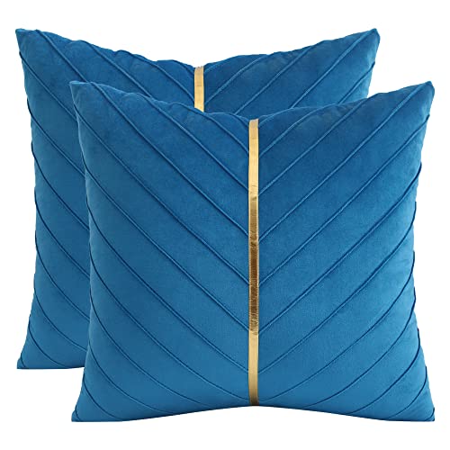 Tosleo Lake Blue Velvet Throw Pillow Covers 16x16 Pack of 2 with Gold Leather Christmas Decorative Couch Pillowcases Luxury Modern Soft Pillow Cover Spring Summer Home Decor for Sofa Bed Living Room - Image 1