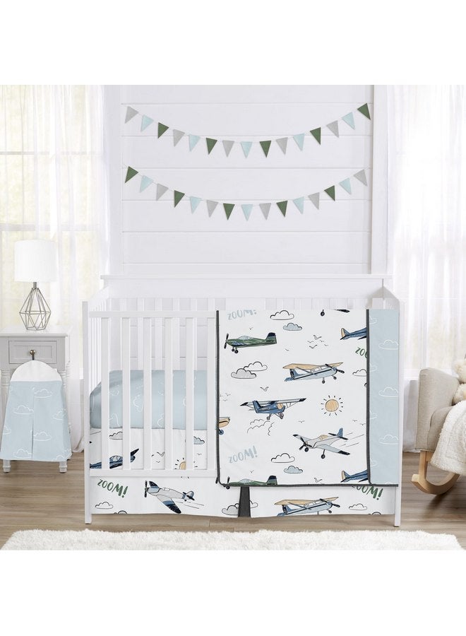 Sweet Jojo Designs Sweet Jojo Designs Vintage Airplane Boy Baby Crib Bedding Set for Infant Nursery Room Blanket Fitted Sheet Skirt Diaper Stacker 4pc Grey Green Blue White Yellow Airplanes Transportation Clouds Sun Sky  - Image 1
