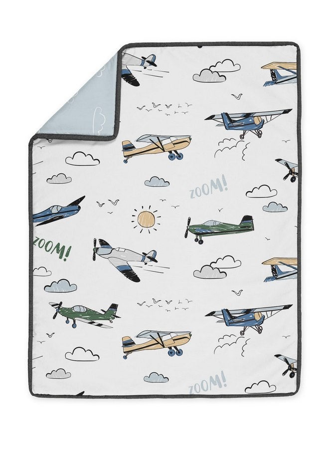Sweet Jojo Designs Sweet Jojo Designs Vintage Airplane Boy Baby Crib Bedding Set for Infant Nursery Room Blanket Fitted Sheet Skirt Diaper Stacker 4pc Grey Green Blue White Yellow Airplanes Transportation Clouds Sun Sky  - Image 3