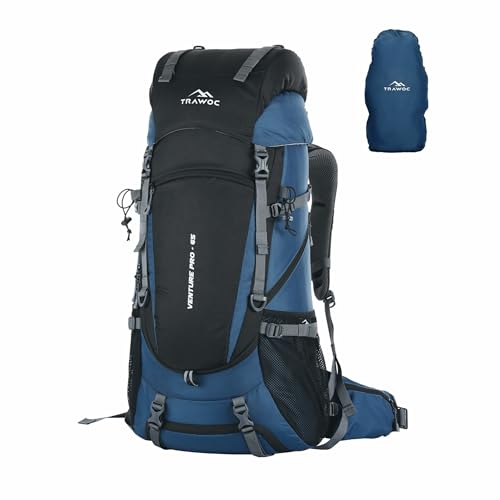 TRAWOC VENTURE PRO 65 Liter Internal Frame Camping Trekking Hiking Backpack Travel Bag for Men & Women Front & Top Loading Rucksack/Water Proof Rain Cover/Shoe Compartment, HK011 English Blue - Image 1