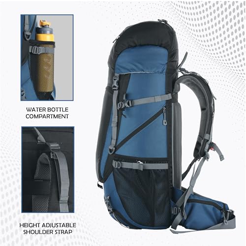 TRAWOC VENTURE PRO 65 Liter Internal Frame Camping Trekking Hiking Backpack Travel Bag for Men & Women Front & Top Loading Rucksack/Water Proof Rain Cover/Shoe Compartment, HK011 English Blue - Image 5