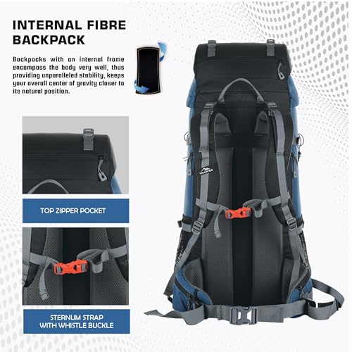 TRAWOC VENTURE PRO 65 Liter Internal Frame Camping Trekking Hiking Backpack Travel Bag for Men & Women Front & Top Loading Rucksack/Water Proof Rain Cover/Shoe Compartment, HK011 English Blue - Image 2