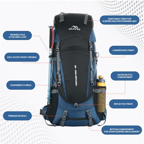 TRAWOC VENTURE PRO 65 Liter Internal Frame Camping Trekking Hiking Backpack Travel Bag for Men & Women Front & Top Loading Rucksack/Water Proof Rain Cover/Shoe Compartment, HK011 English Blue - Image 4