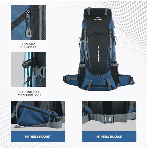 TRAWOC VENTURE PRO 65 Liter Internal Frame Camping Trekking Hiking Backpack Travel Bag for Men & Women Front & Top Loading Rucksack/Water Proof Rain Cover/Shoe Compartment, HK011 English Blue - Image 3