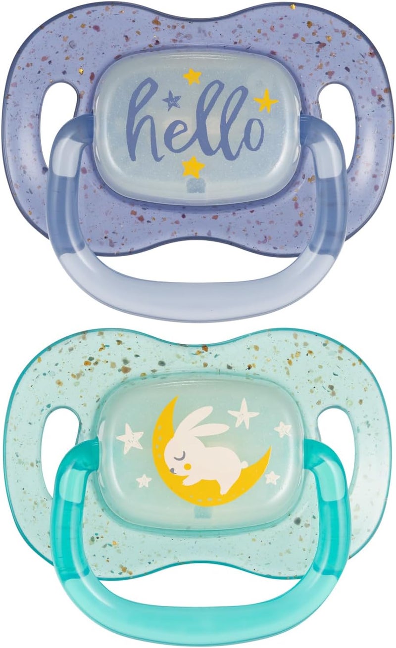 Air Flow Silicone Symmetrical Soother, Blue and Teal, 0-6 Months, Glow in the Dark, 2 Pack with Sterilisation Case - Image 1