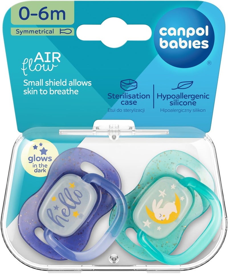 Air Flow Silicone Symmetrical Soother, Blue and Teal, 0-6 Months, Glow in the Dark, 2 Pack with Sterilisation Case - Image 4