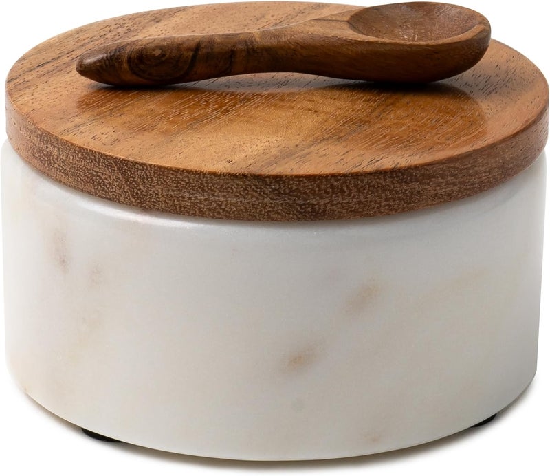 Cork & Mill White Marble Salt Cellar with Acacia Wood Lid and Spoon - Elegant Modern Handcrafted Container for Countertop - Keeps Spices Dry - Wide 4” Salt Pig with Non-Skid Feet - Image 1