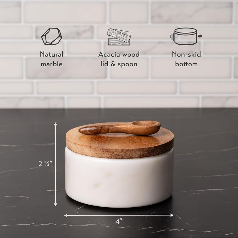 Cork & Mill White Marble Salt Cellar with Acacia Wood Lid and Spoon - Elegant Modern Handcrafted Container for Countertop - Keeps Spices Dry - Wide 4” Salt Pig with Non-Skid Feet - Image 3