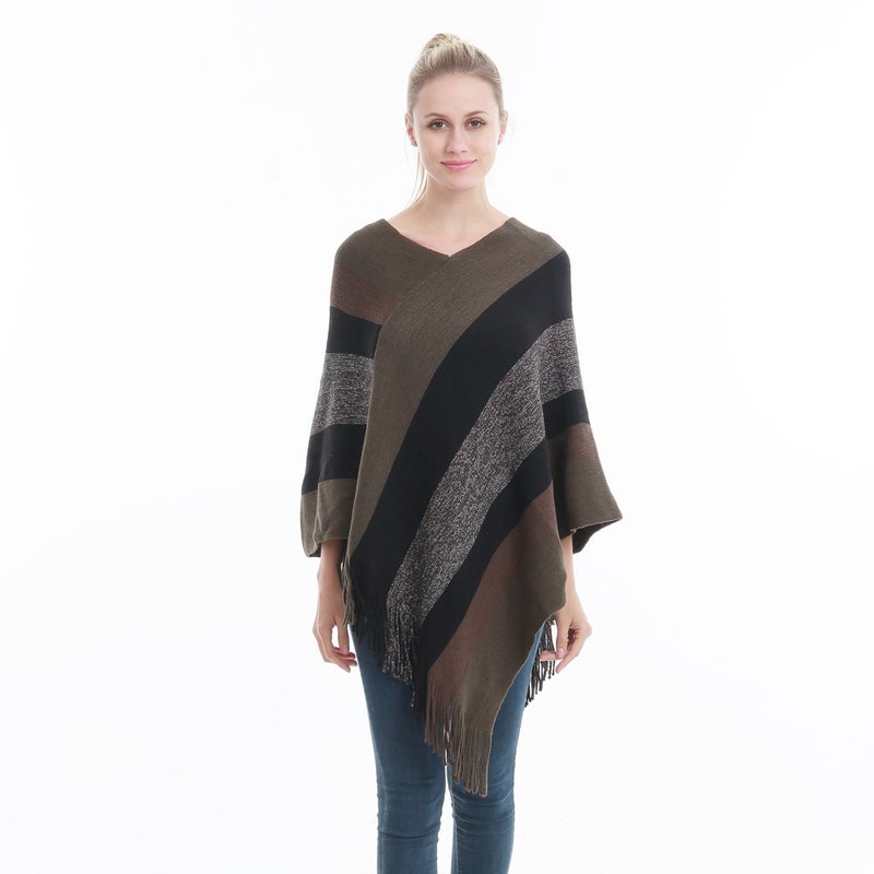 New Hot Spring and Autumn Pullover Cloak Shawl Tassel Warm Knitted Large Size Loose Blouse Cloak Top Spot Green 