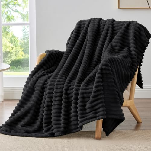 BEDELITE Fleece Throw Blanket for Couch - 300GSM Soft & Warm Fluffy Black Blanket, Decorative and Giftable Striped Blankets for Women, Men, 50"x60" - Image 1