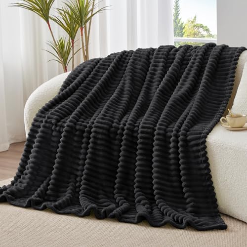 BEDELITE Fleece Throw Blanket for Couch - 300GSM Soft & Warm Fluffy Black Blanket, Decorative and Giftable Striped Blankets for Women, Men, 50"x60" - Image 2
