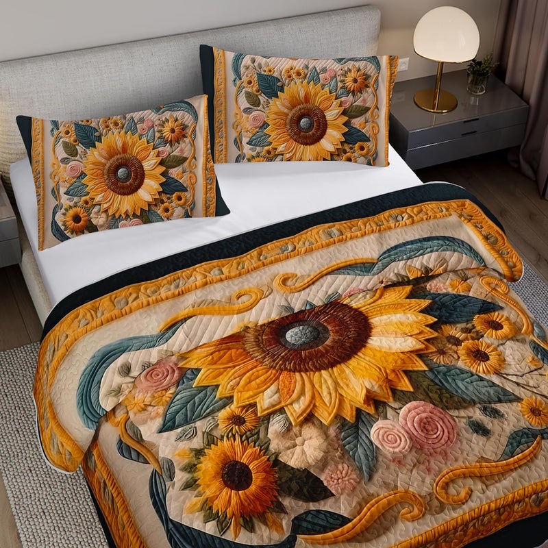Tuzaovy Sunflower Quilt Set Queen Size,Yellow Floral Print Quilt Bedding for Girls and Teen Boys Room Decor,Vintage Bed Cover Queen Bedding Set,Luxury Bedspread Bedroom Decor - Image 4