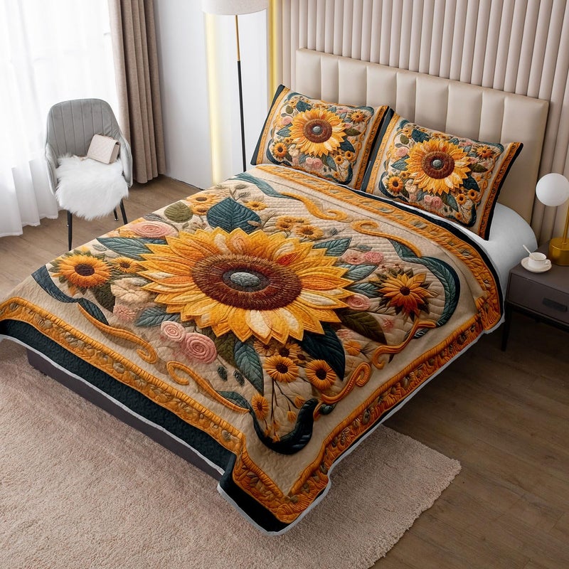Tuzaovy Sunflower Quilt Set Queen Size,Yellow Floral Print Quilt Bedding for Girls and Teen Boys Room Decor,Vintage Bed Cover Queen Bedding Set,Luxury Bedspread Bedroom Decor - Image 2