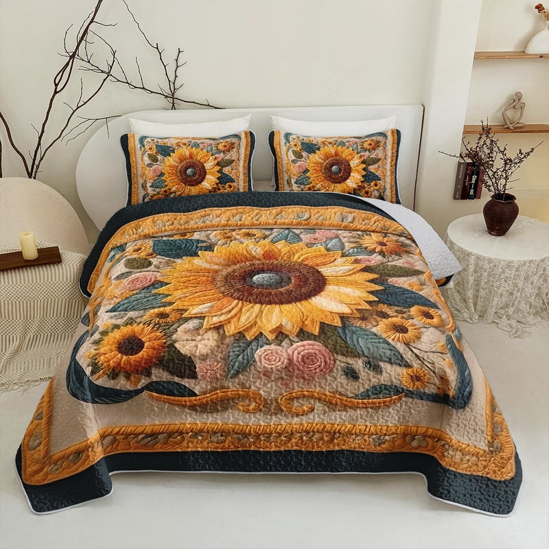 Tuzaovy Sunflower Quilt Set Queen Size,Yellow Floral Print Quilt Bedding for Girls and Teen Boys Room Decor,Vintage Bed Cover Queen Bedding Set,Luxury Bedspread Bedroom Decor - Image 1